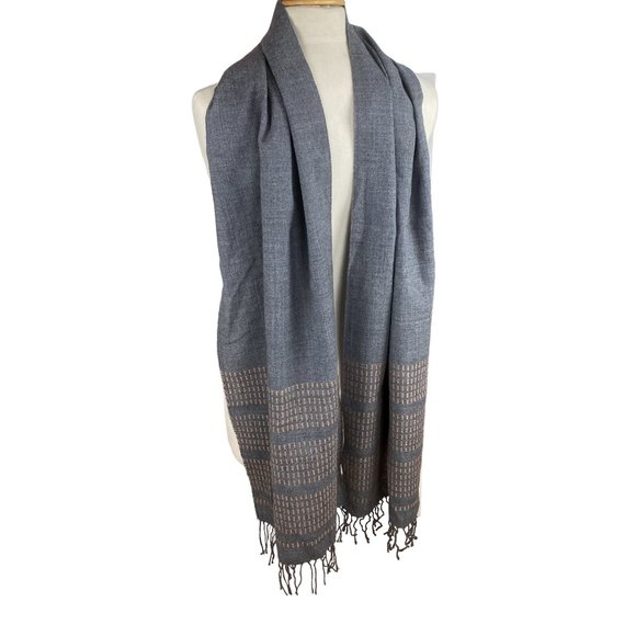 NWT Cecchi e Cecchi 100% Wool Italian Gray & Tan Stripe Fringe Scarf-OS - Picture 3 of 10